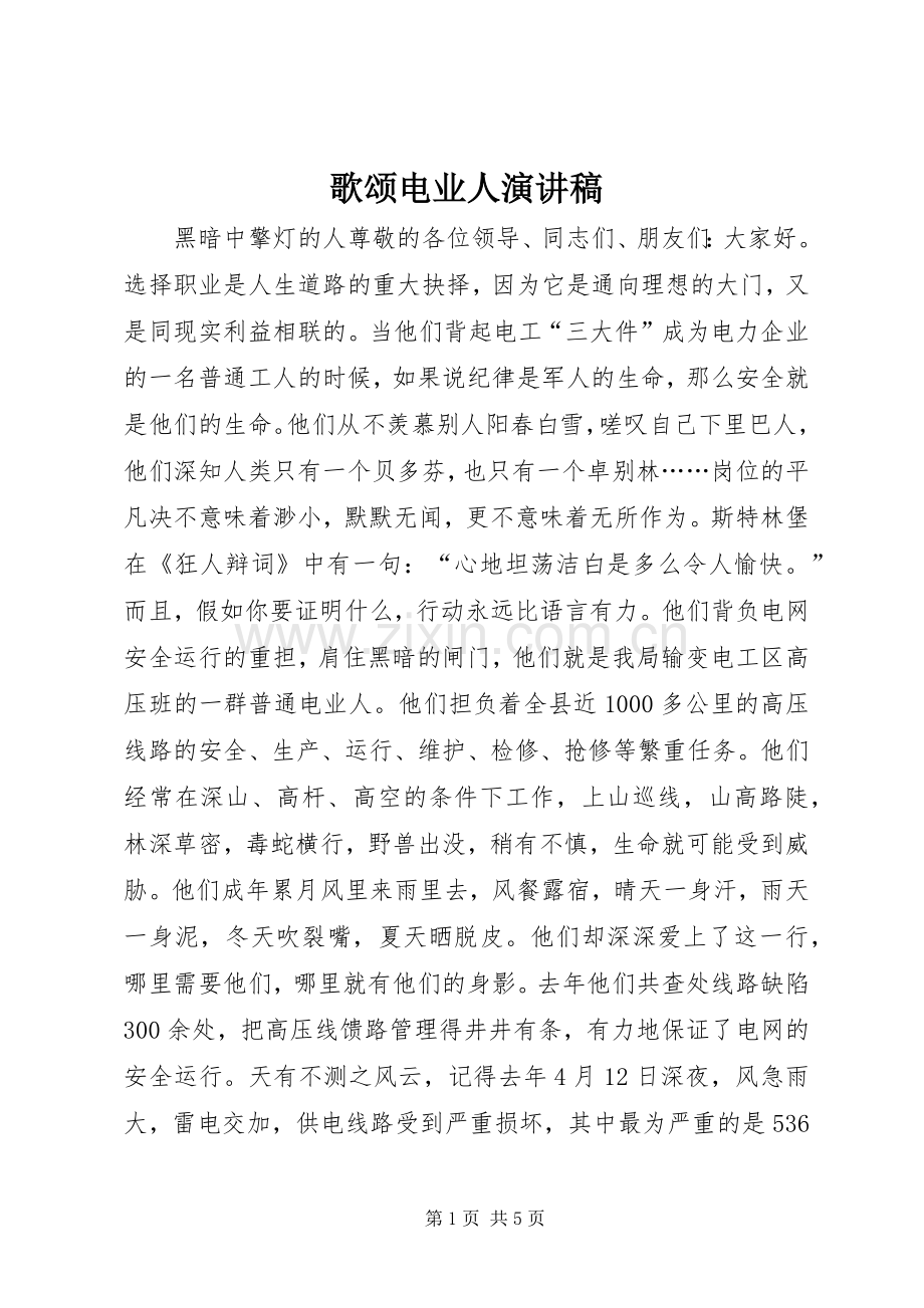 歌颂电业人演讲稿.docx_第1页