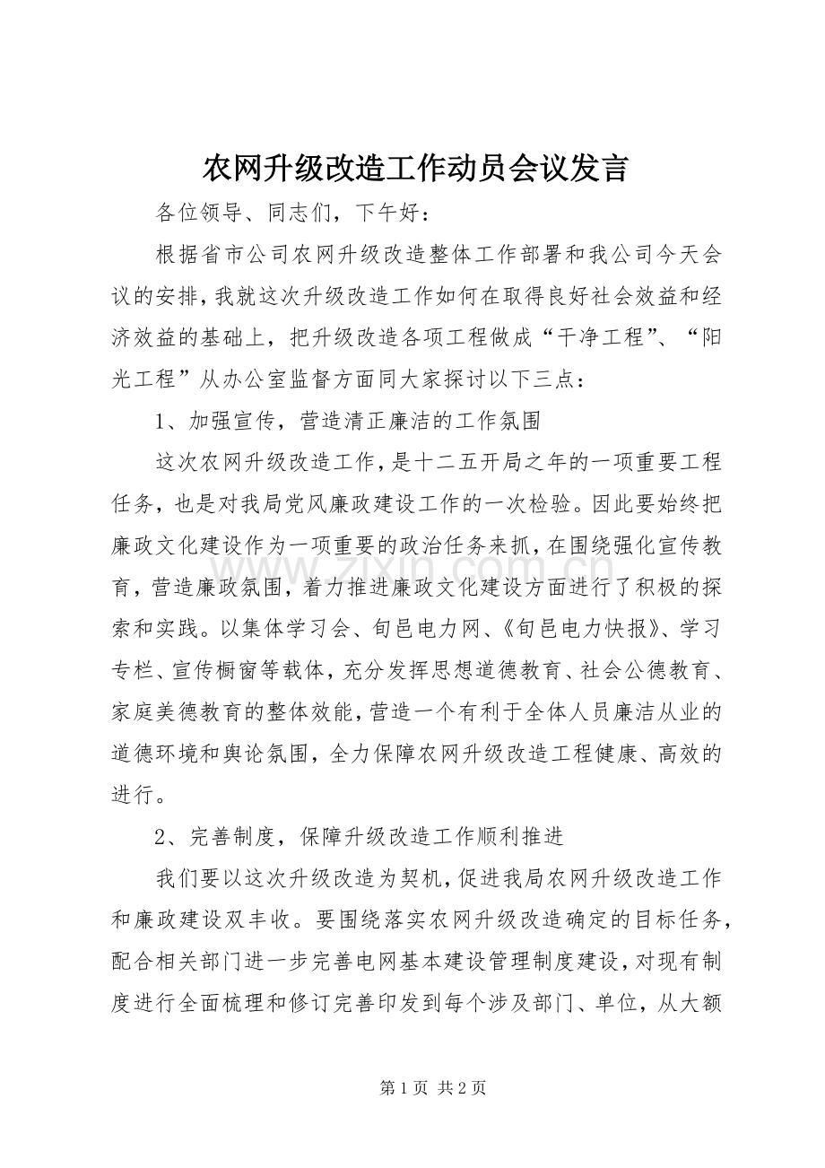 农网升级改造工作动员会议发言.docx_第1页