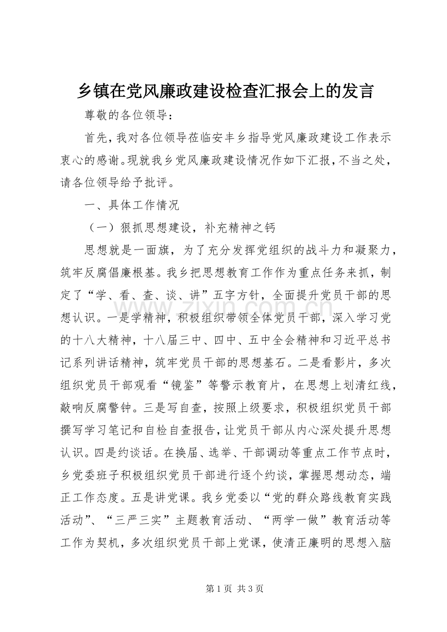 乡镇在党风廉政建设检查汇报会上的发言稿.docx_第1页