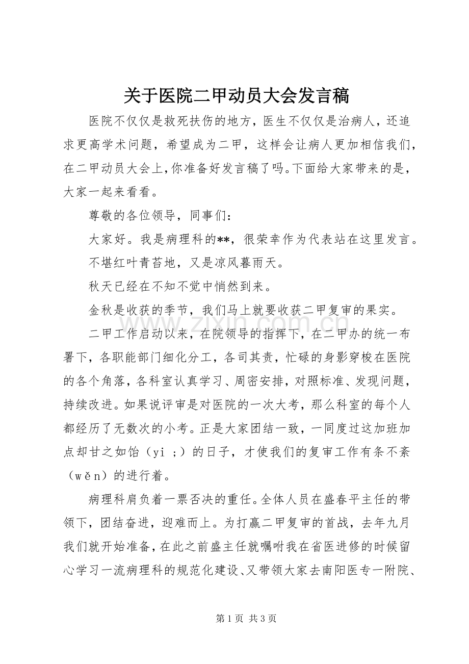 关于医院二甲动员大会发言.docx_第1页