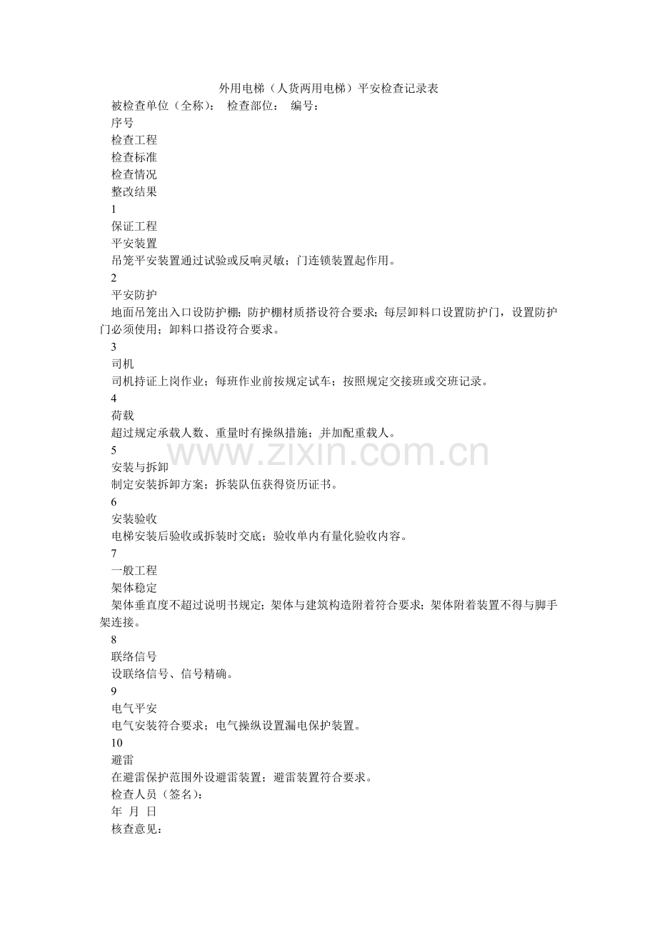 外用电ۥ梯（人货两用电梯）安全检查记录表.doc_第1页