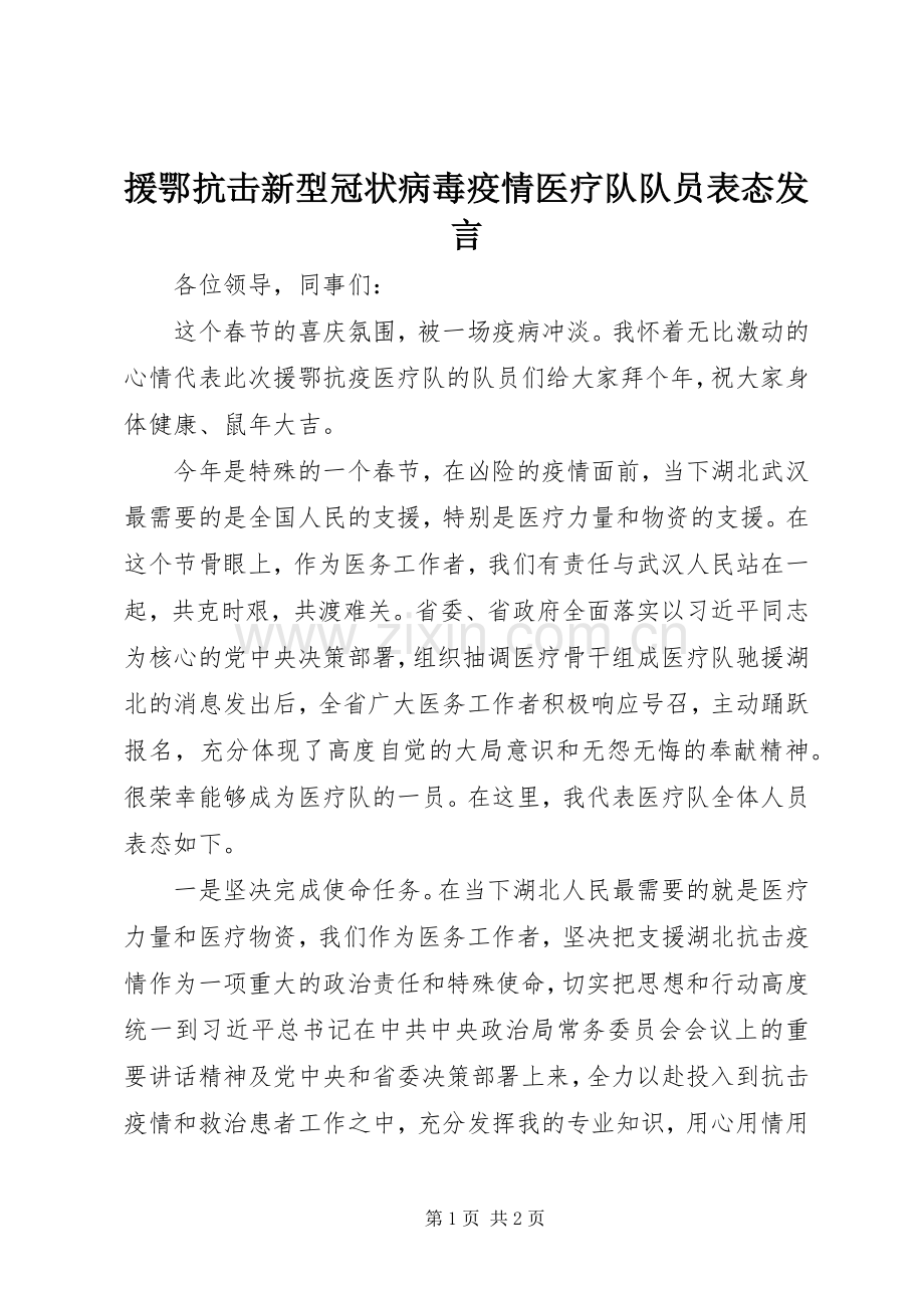 援鄂抗击新型冠状病毒疫情医疗队队员表态发言稿.docx_第1页