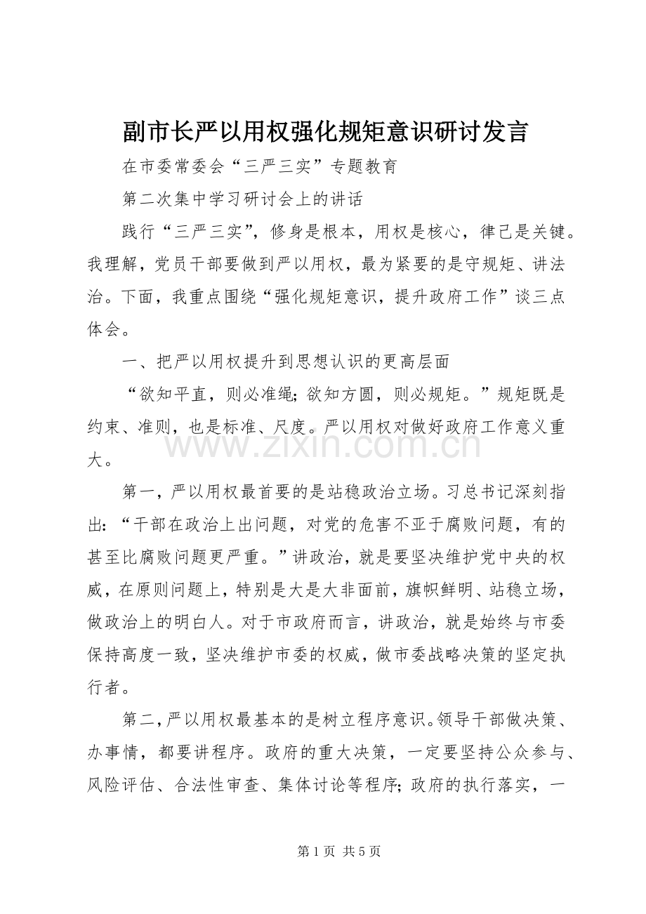 副市长严以用权强化规矩意识研讨发言稿.docx_第1页
