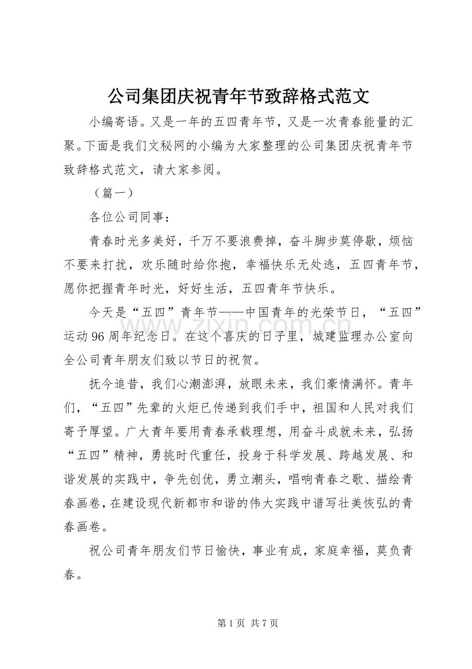 公司集团庆祝青年节演讲致辞格式范文.docx_第1页
