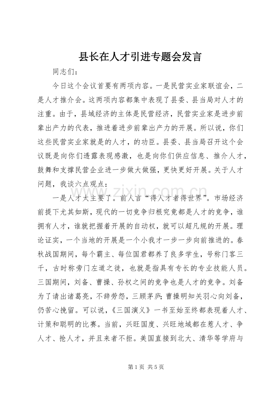 县长在人才引进专题会发言.docx_第1页