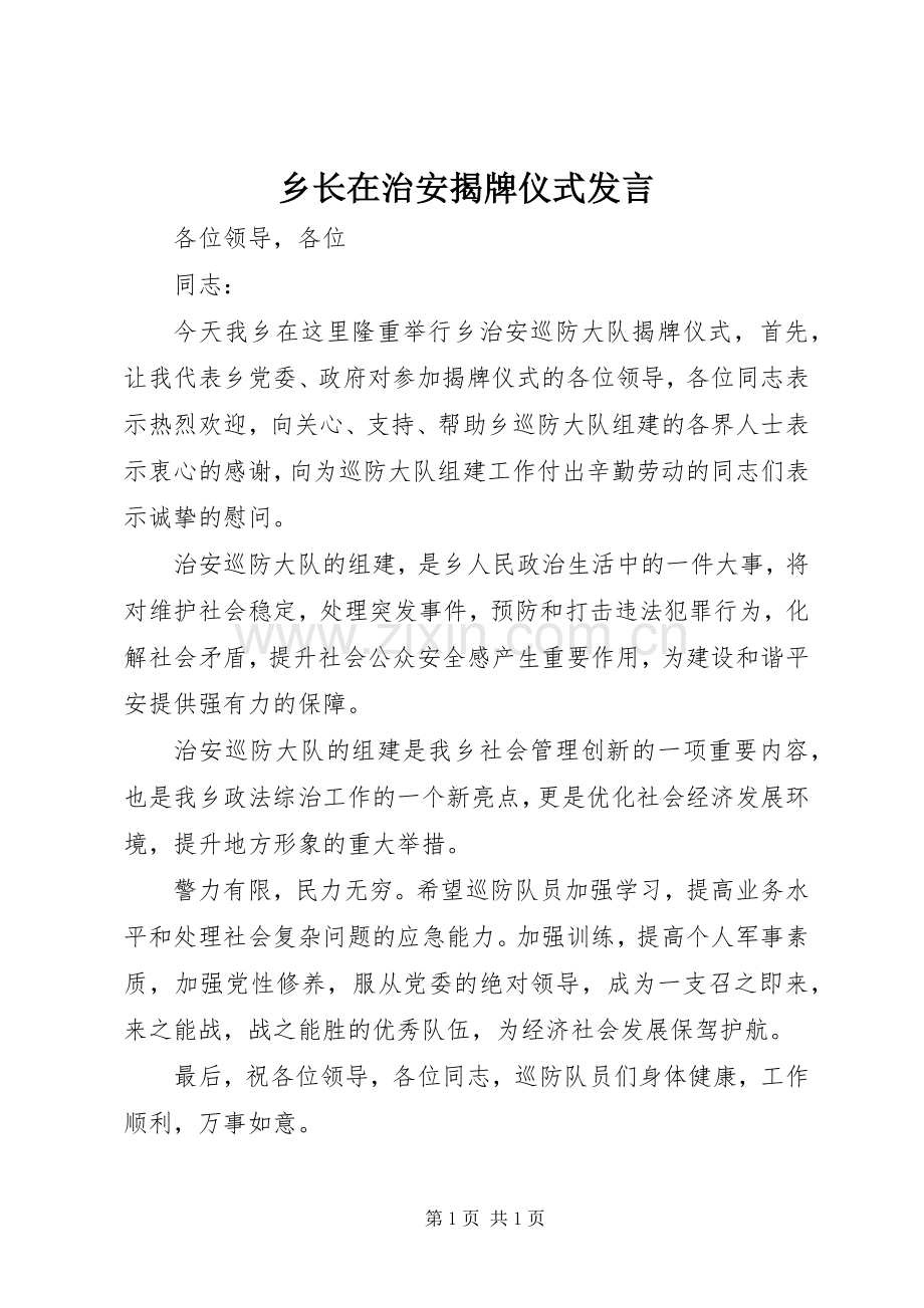 乡长在治安揭牌仪式发言稿.docx_第1页