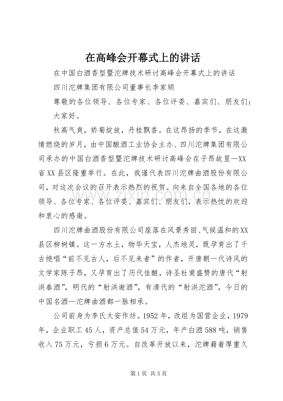 在高峰会开幕式上的讲话.docx_第1页