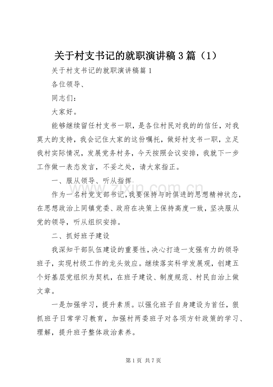 关于村支书记的就职演讲稿3篇（1）.docx_第1页