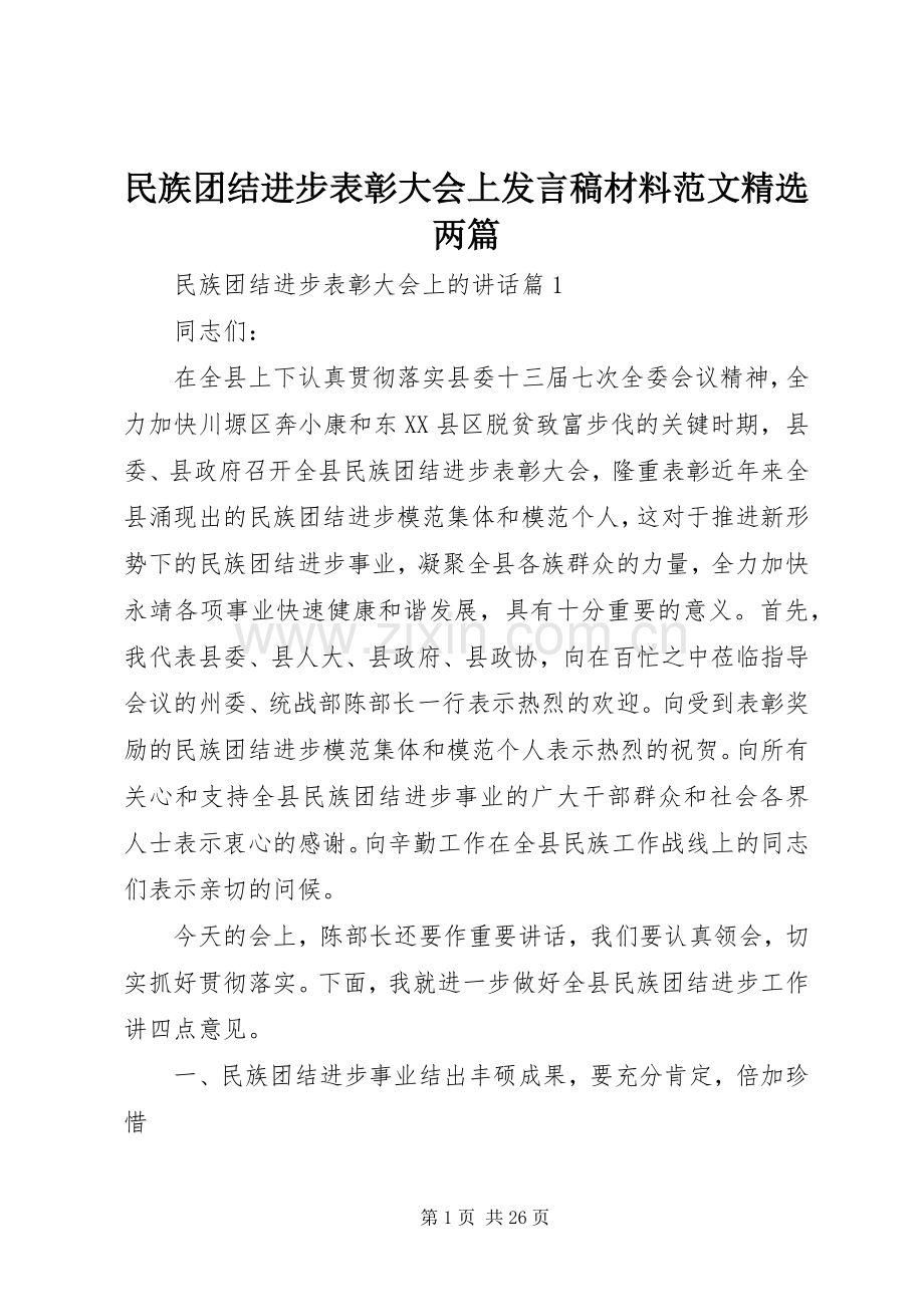 民族团结进步表彰大会上发言稿材料范文两篇.docx_第1页