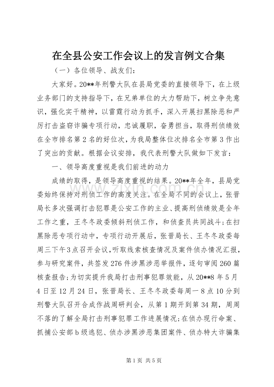 在全县公安工作会议上的发言稿例文合集.docx_第1页