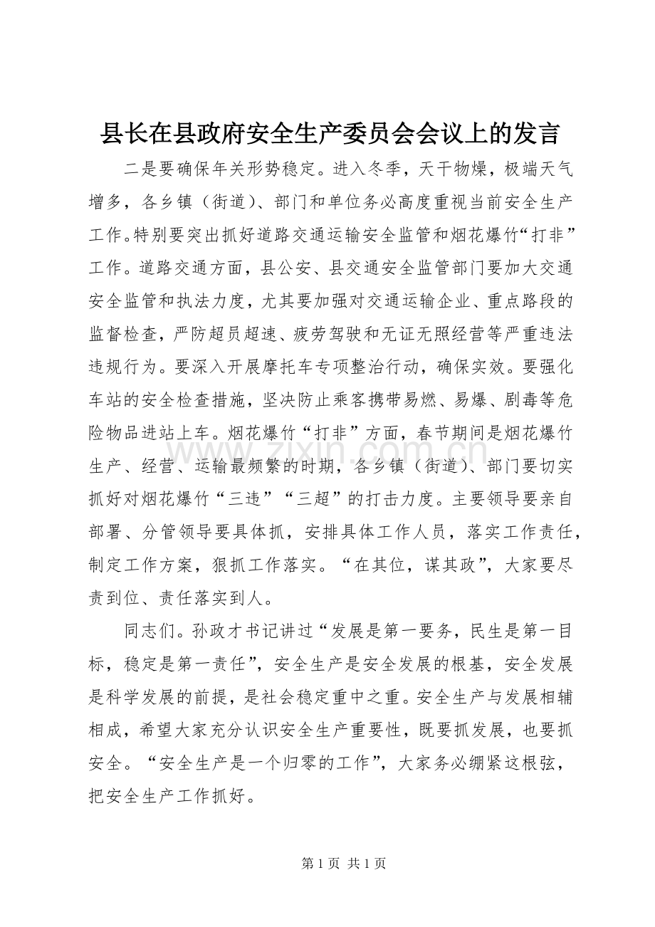 县长在县政府安全生产委员会会议上的发言稿.docx_第1页
