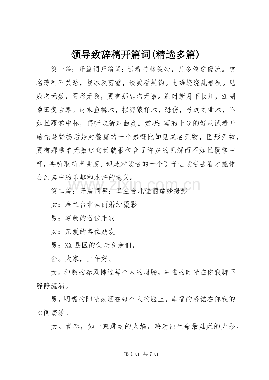 领导致辞稿开篇词(多篇).docx_第1页
