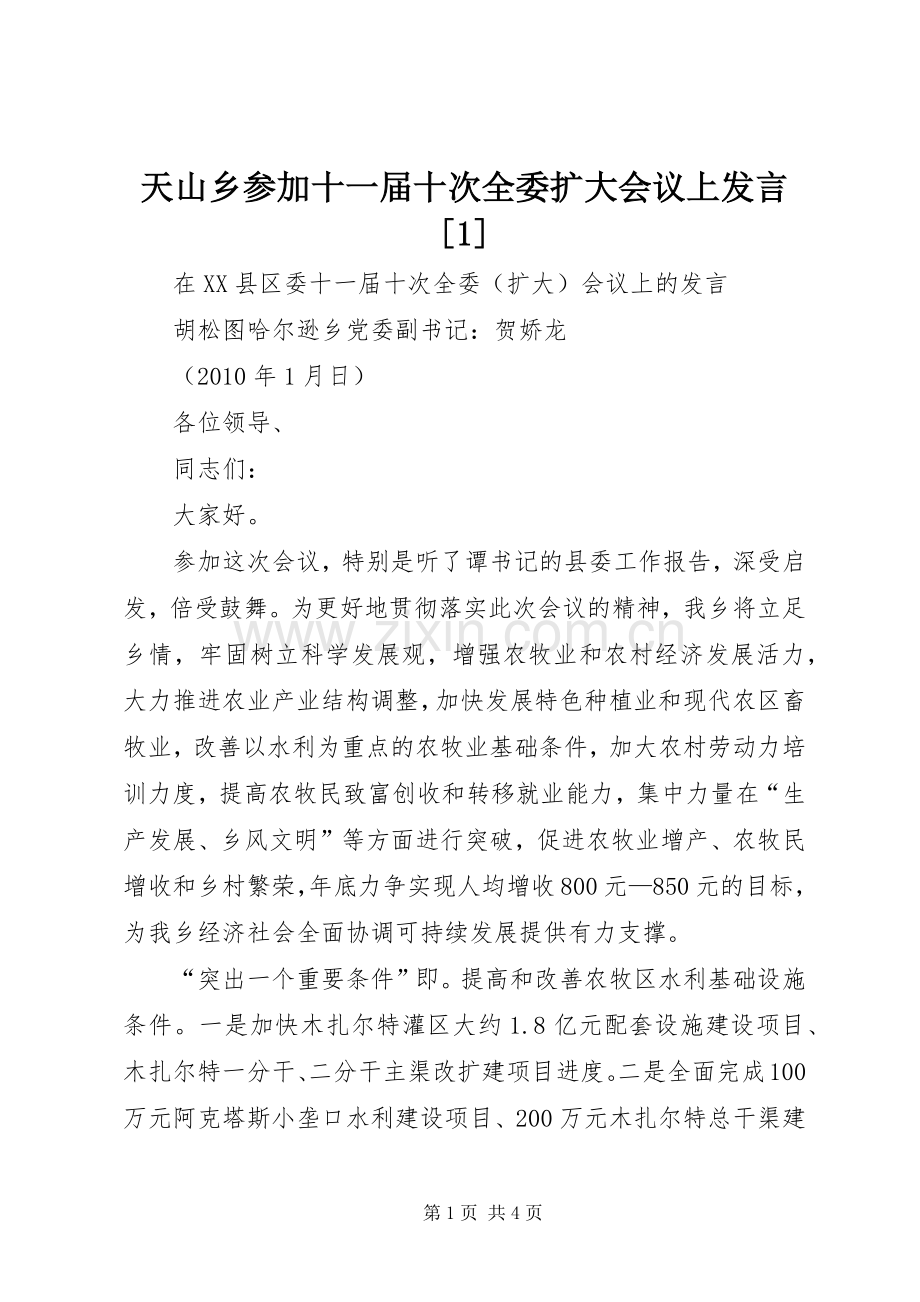 天山乡参加十一届十次全委扩大会议上发言[1].docx_第1页