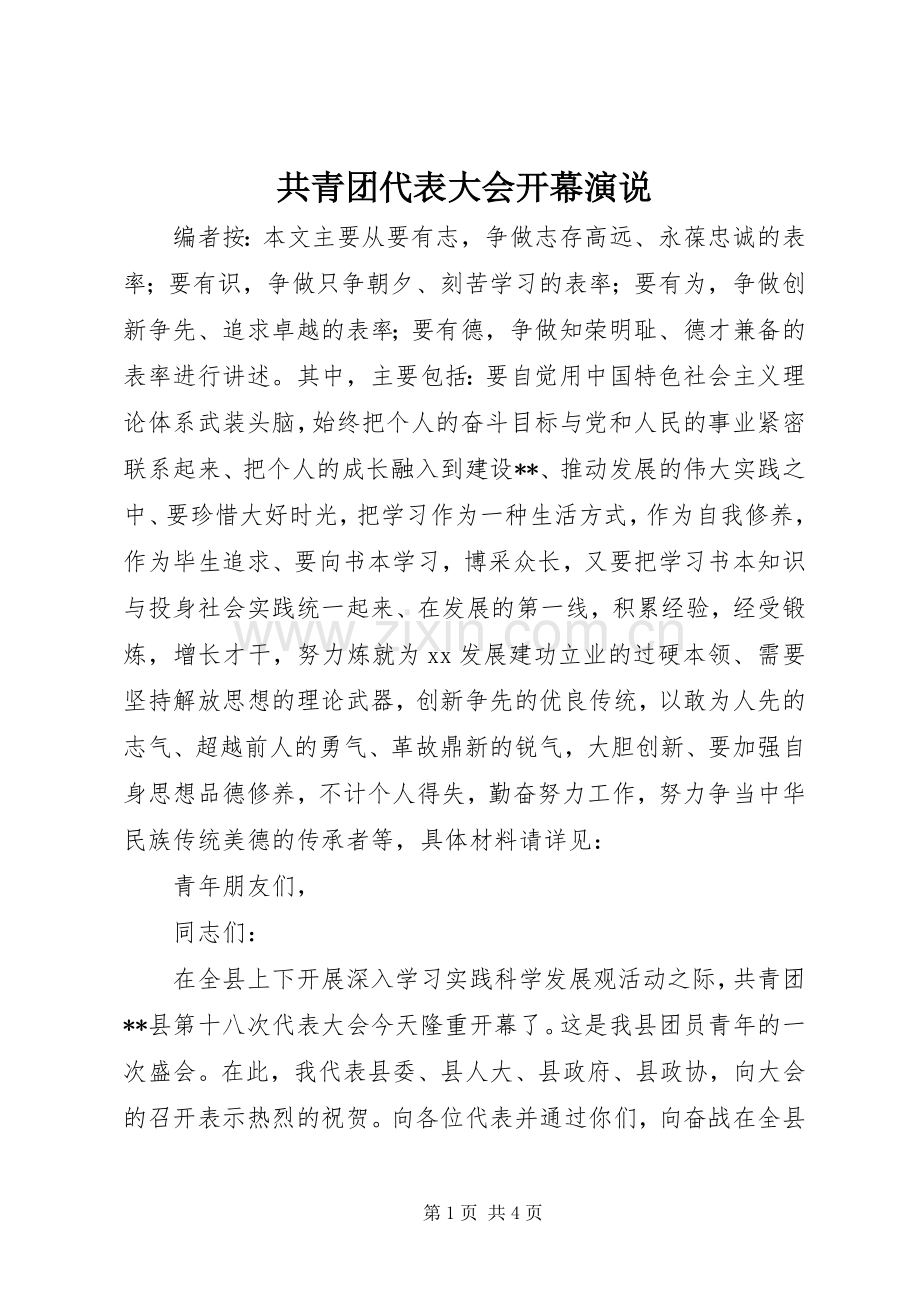 共青团代表大会开幕演说.docx_第1页
