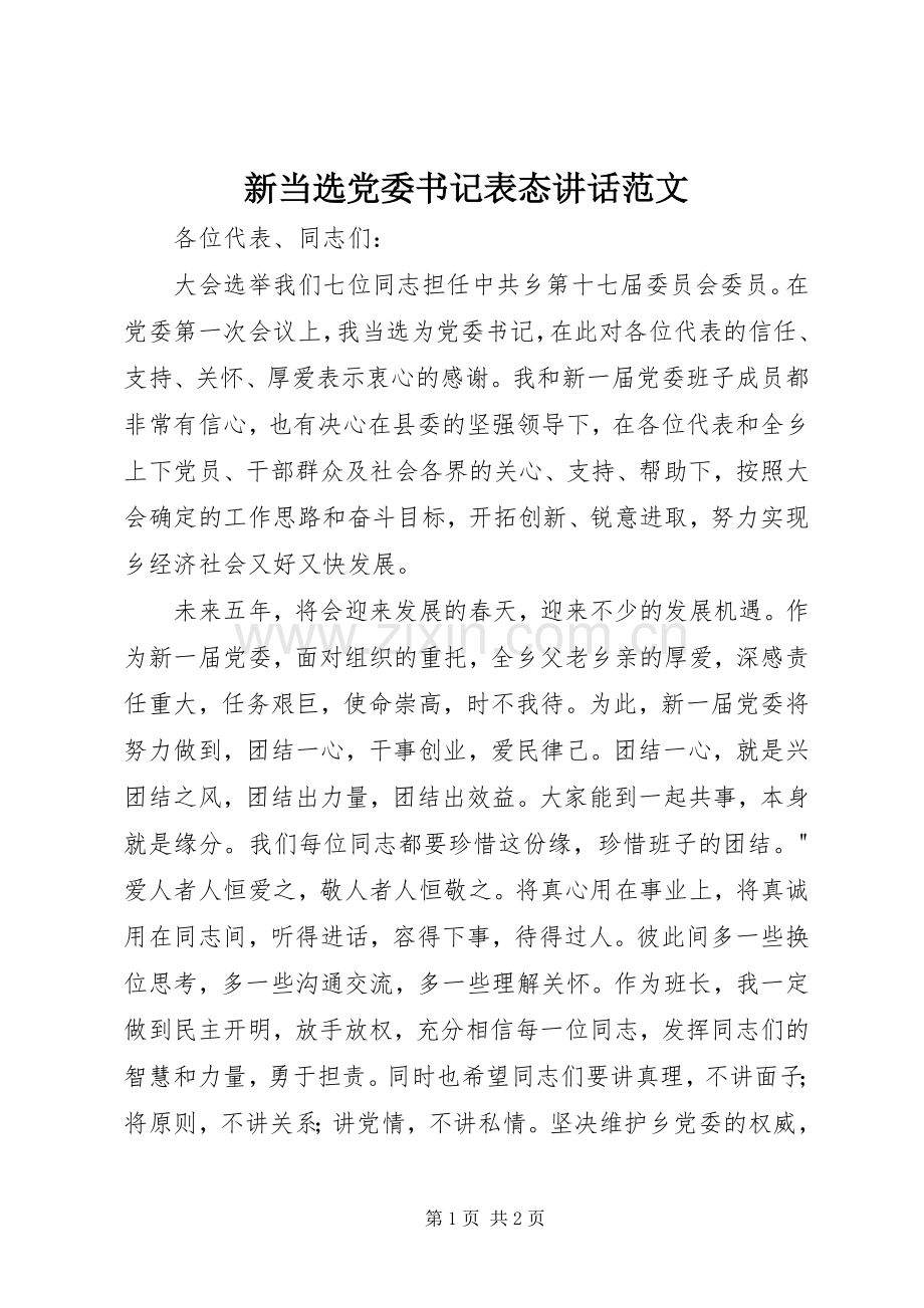 新当选党委书记表态讲话范文.docx_第1页