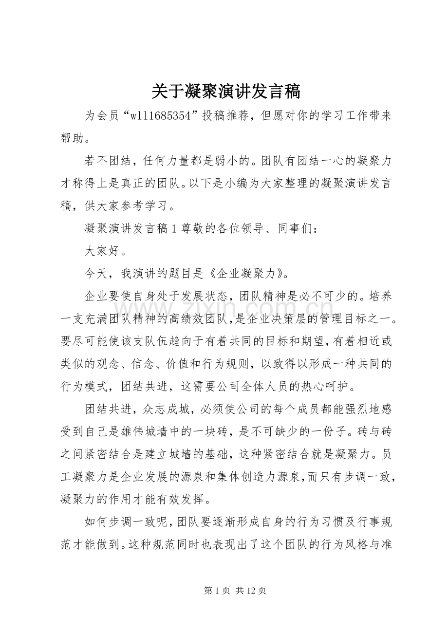 关于凝聚演讲发言.docx_第1页