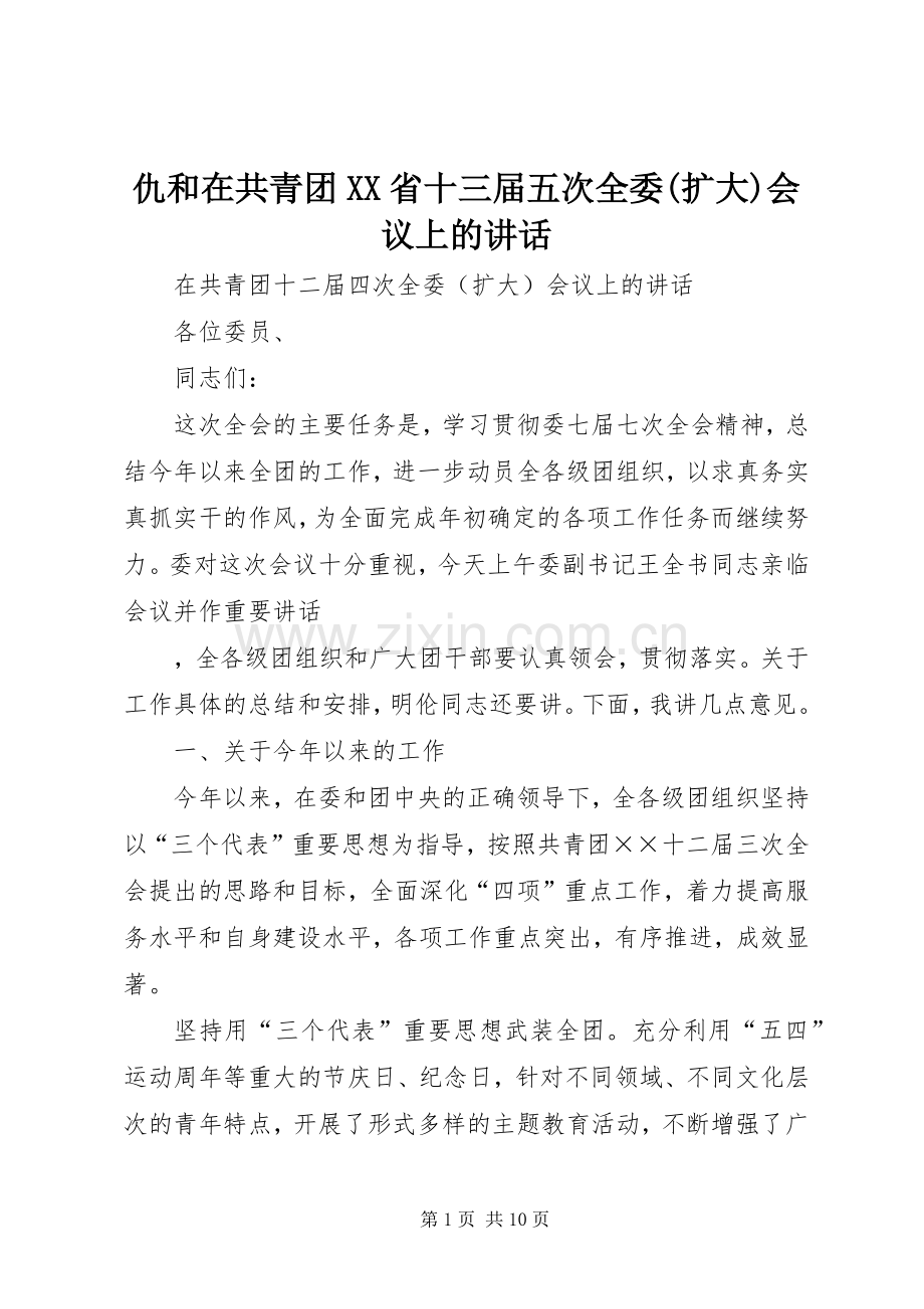 仇和在共青团XX省十三届五次全委(扩大)会议上的讲话.docx_第1页