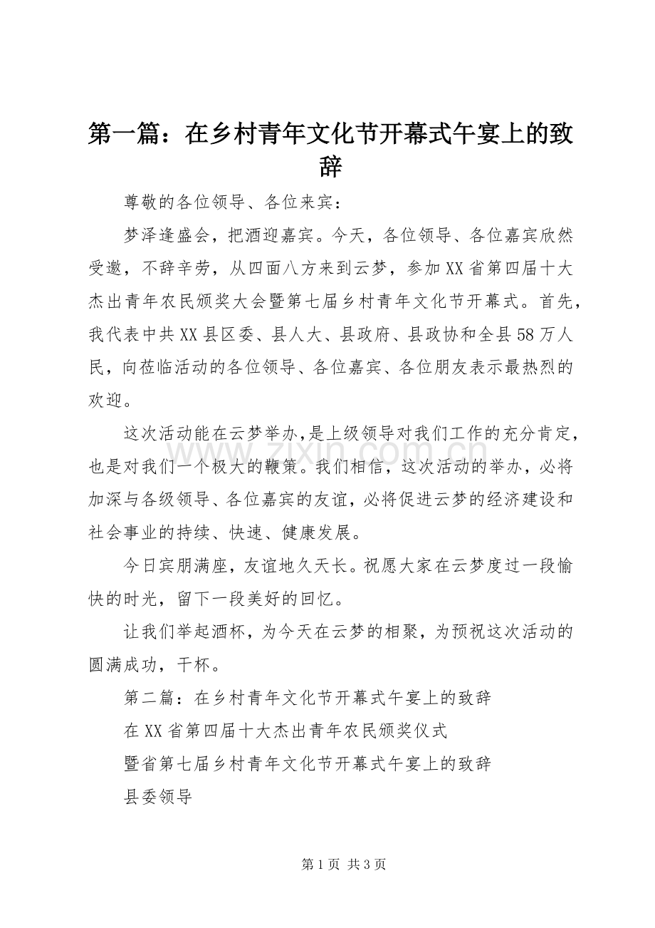 第一篇：在乡村青年文化节开幕式午宴上的演讲致辞.docx_第1页