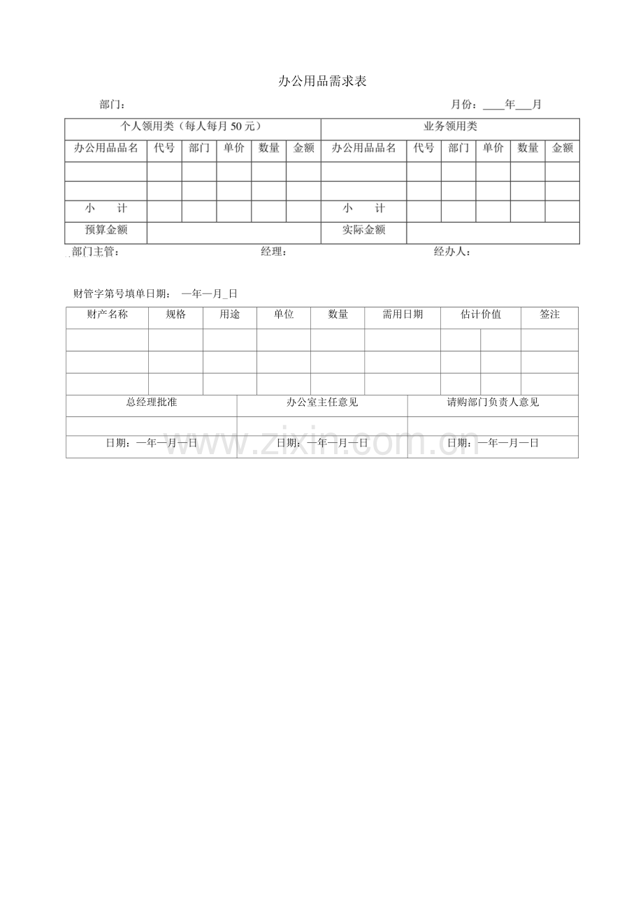 办公用品需求表、办公用品请购单.docx_第1页