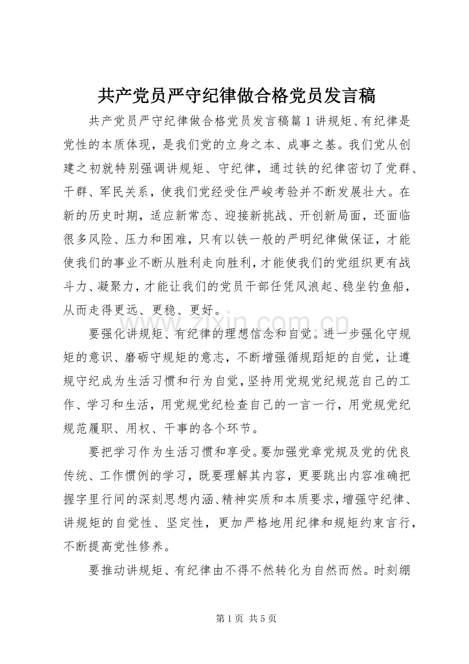 共产党员严守纪律做合格党员发言.docx_第1页