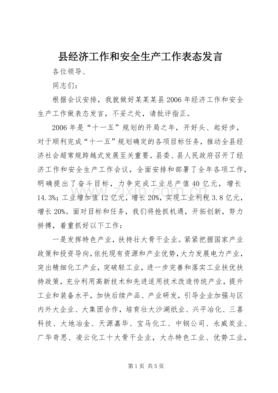 县经济工作和安全生产工作表态发言稿.docx_第1页