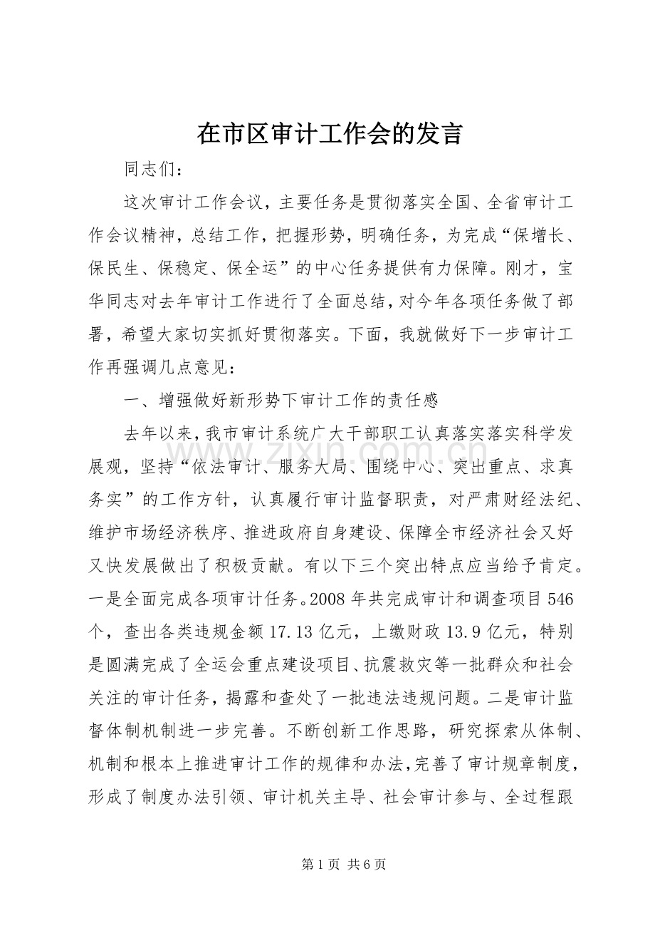 在市区审计工作会的发言稿.docx_第1页