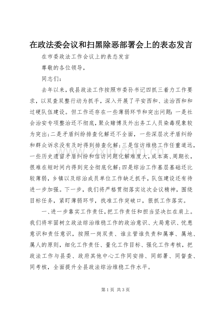 在政法委会议和扫黑除恶部署会上的表态发言稿.docx_第1页