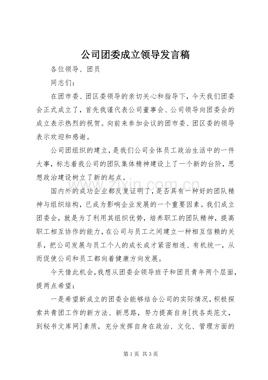 公司团委成立领导发言稿范文.docx_第1页