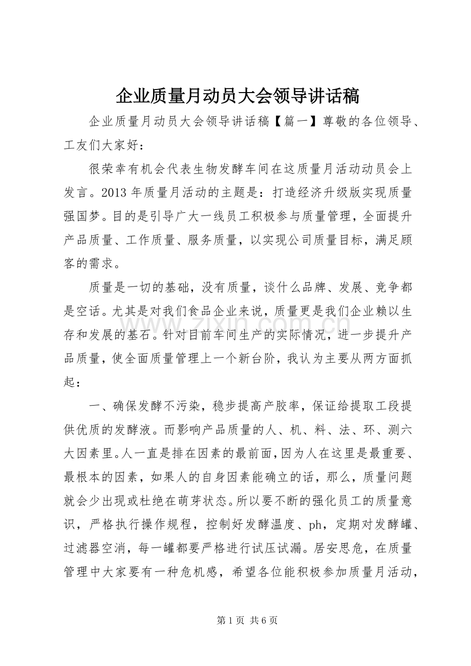 企业质量月动员大会领导讲话稿.docx_第1页