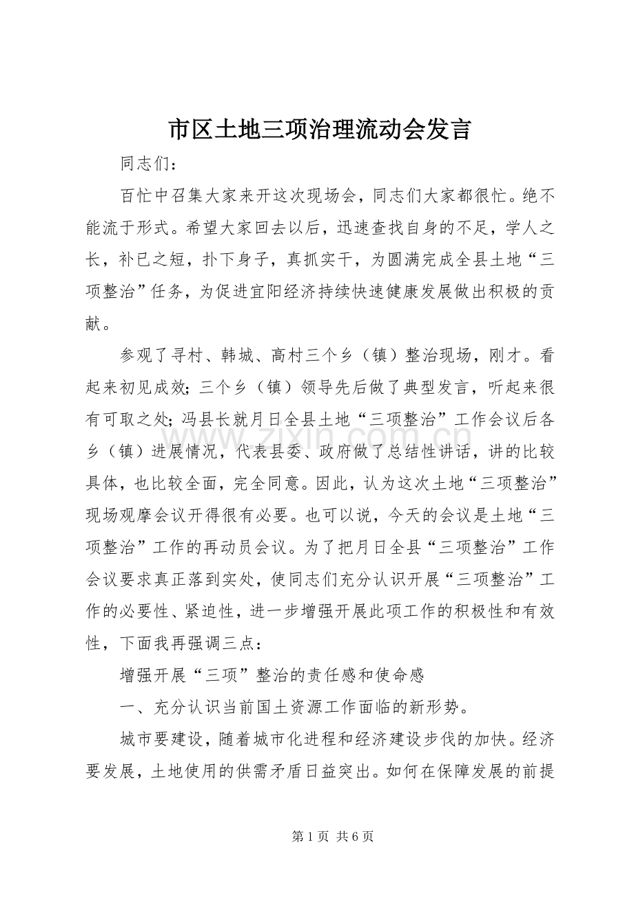 市区土地三项治理流动会发言稿.docx_第1页
