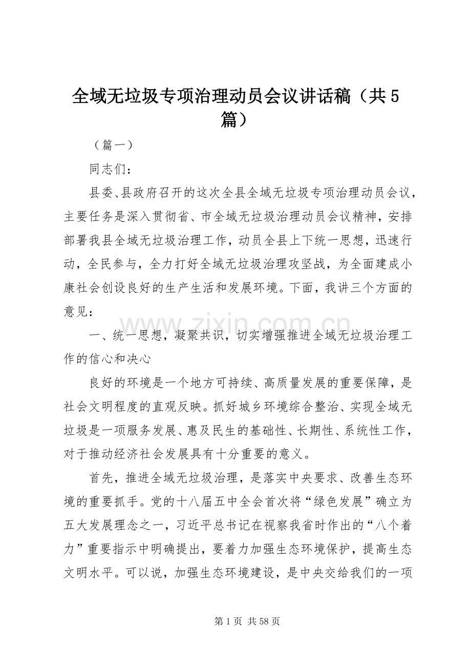 全域无垃圾专项治理动员会议讲话稿（共5篇）.docx_第1页