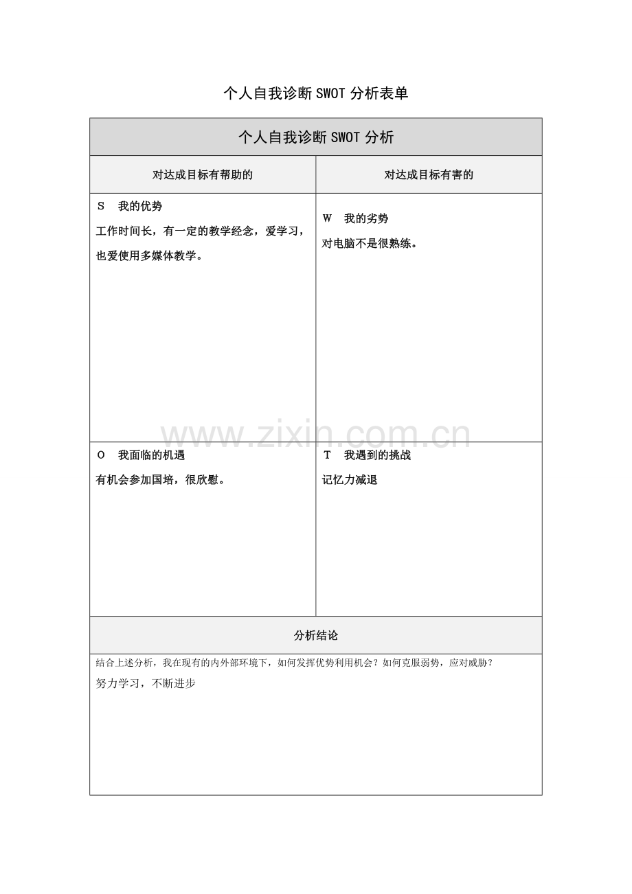 赵琼华个人自我诊断SWOT分析表.doc_第1页