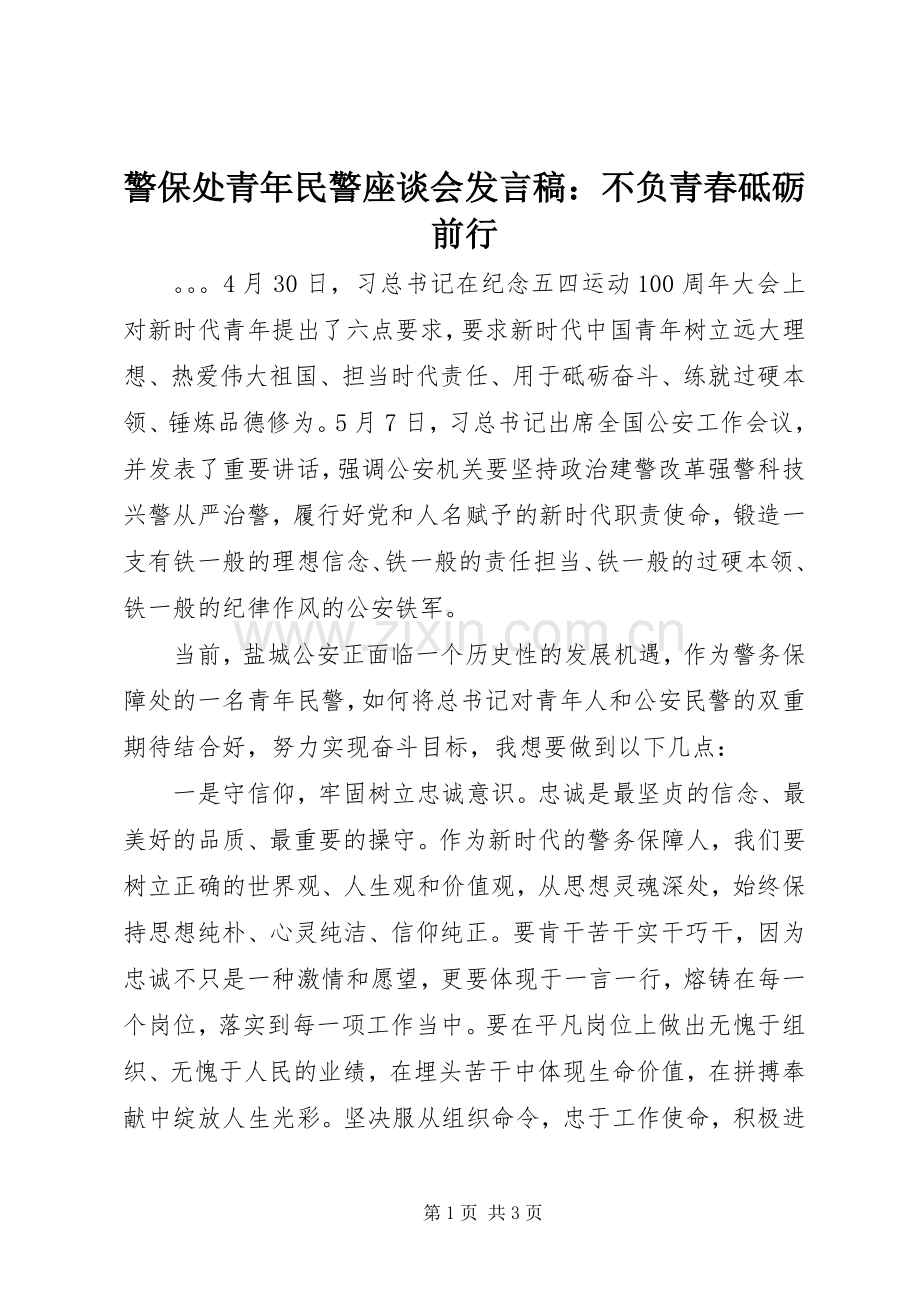 警保处青年民警座谈会发言：不负青春砥砺前行.docx_第1页
