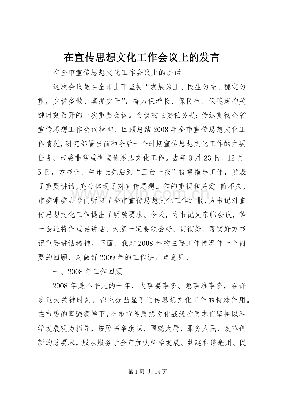 在宣传思想文化工作会议上的发言稿 (3).docx_第1页