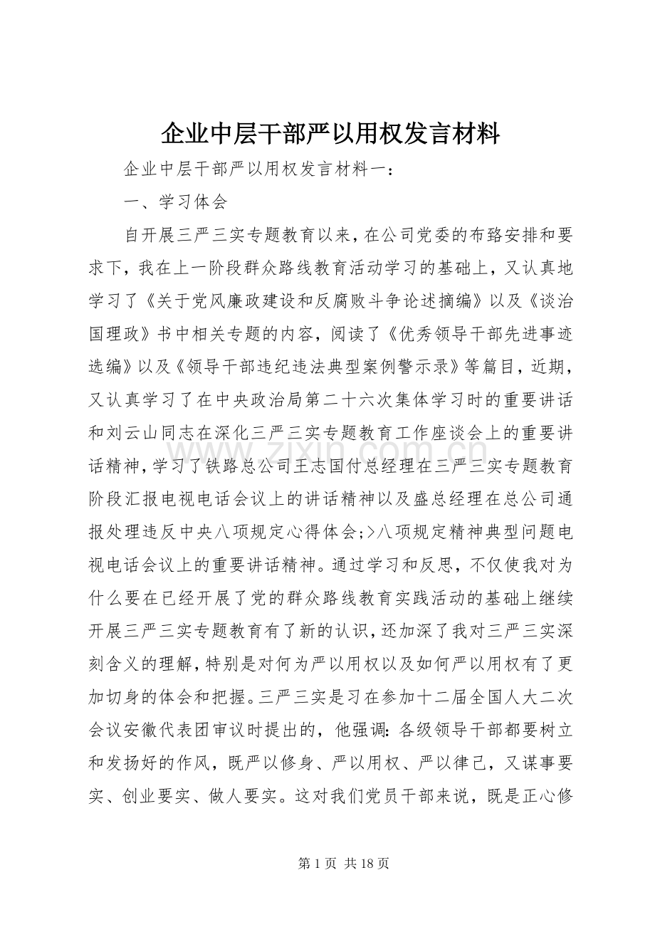 企业中层干部严以用权发言材料提纲.docx_第1页
