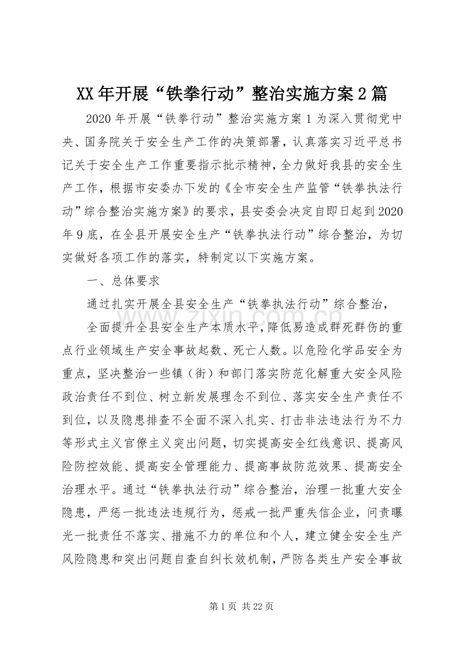 XX年开展“铁拳行动”整治方案2篇.docx_第1页