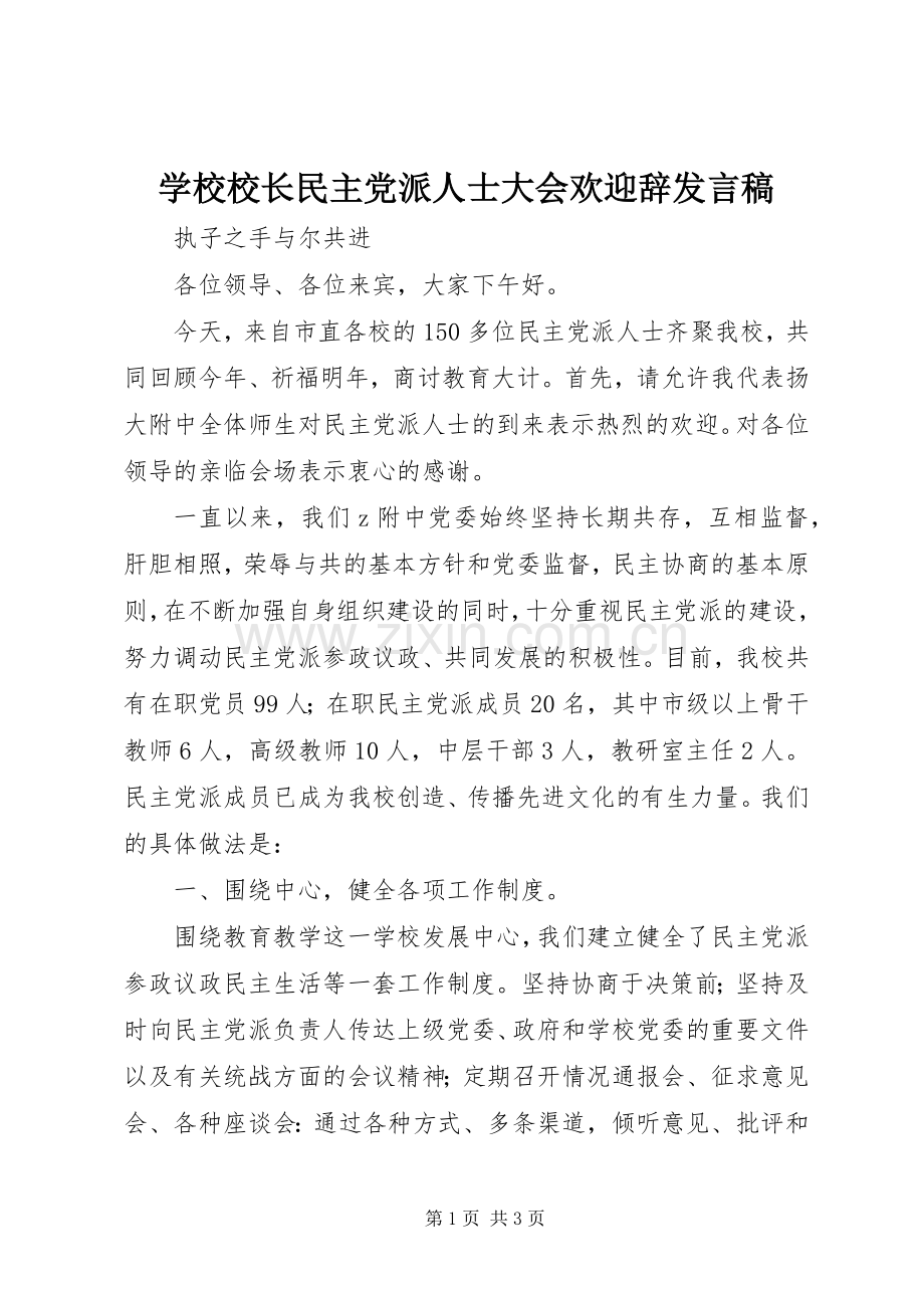 学校校长民主党派人士大会欢迎辞发言稿.docx_第1页