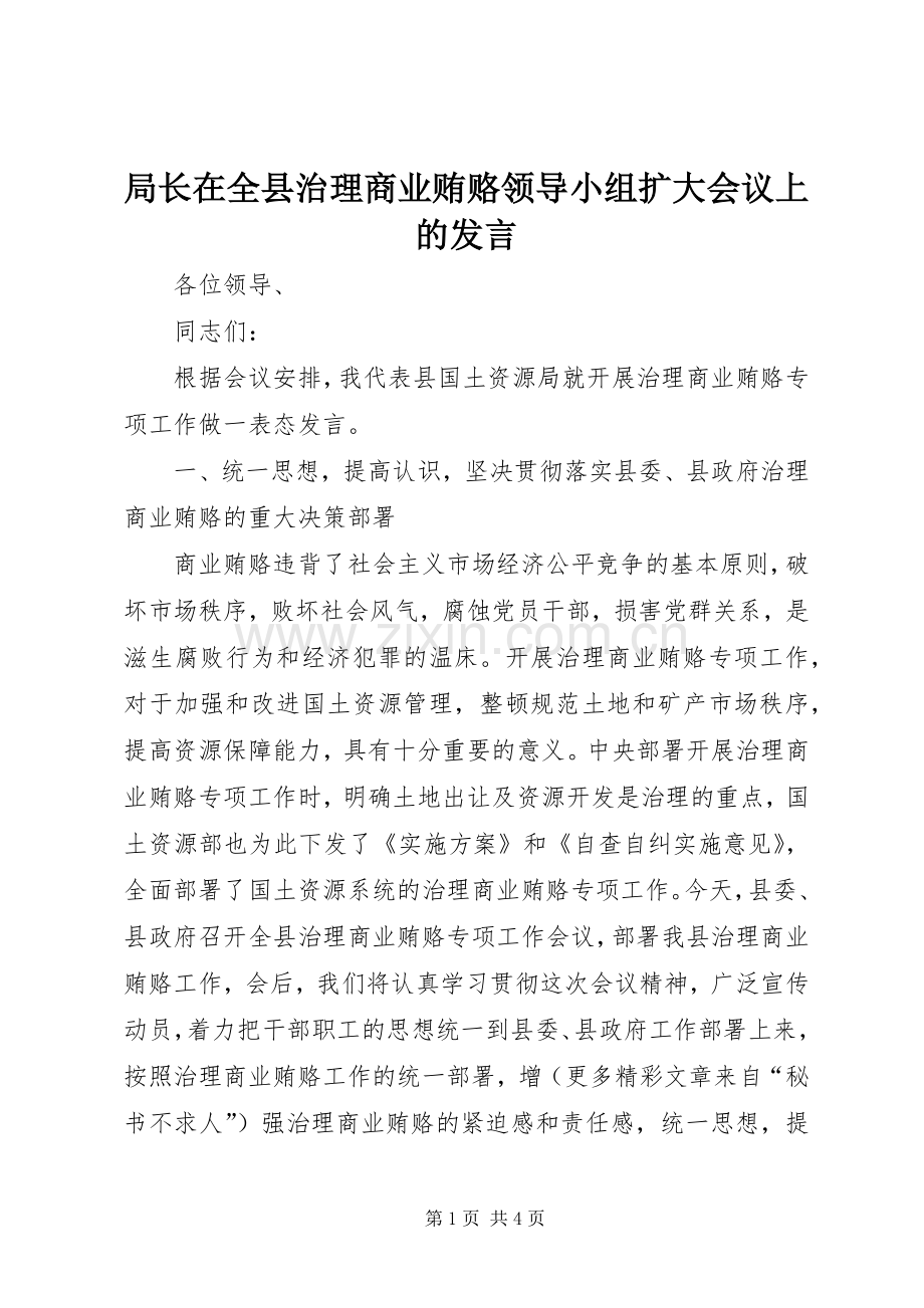 局长在全县治理商业贿赂领导小组扩大会议上的发言稿.docx_第1页