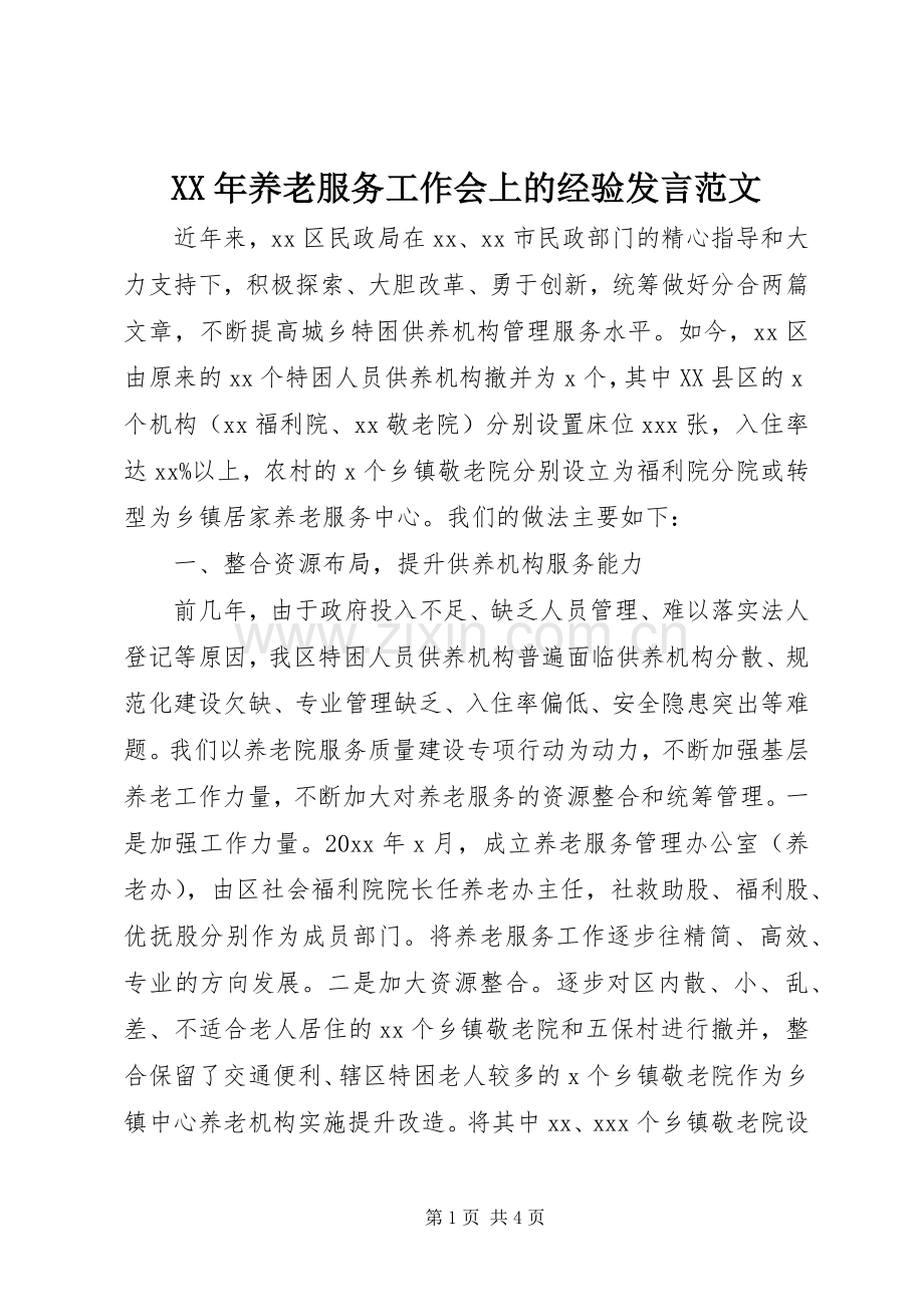 XX年养老服务工作会上的经验发言稿范文.docx_第1页