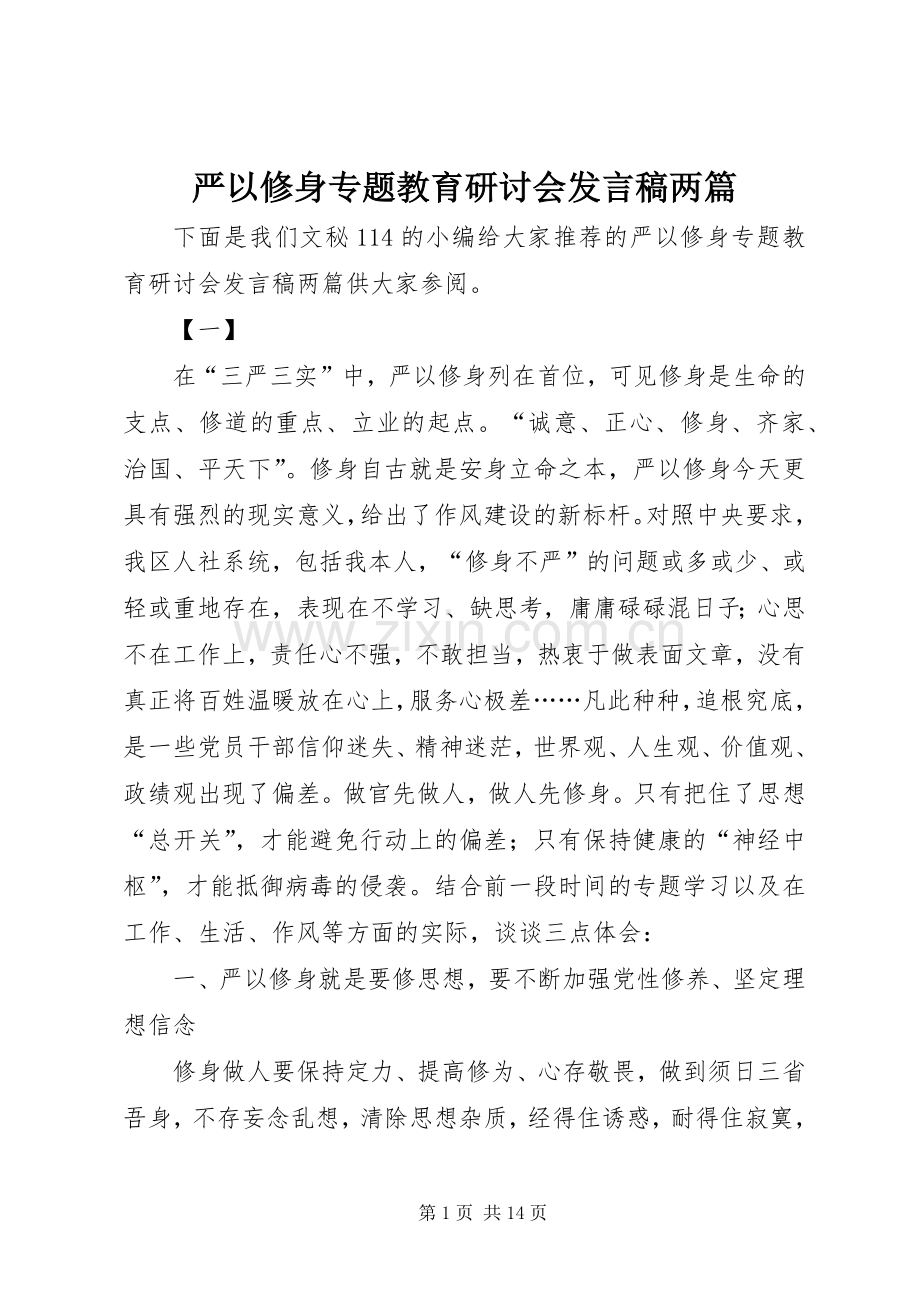 严以修身专题教育研讨会发言两篇.docx_第1页