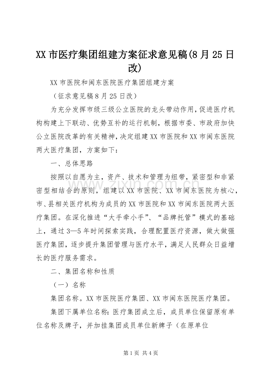 XX市医疗集团组建实施方案征求意见稿(8月25日改).docx_第1页