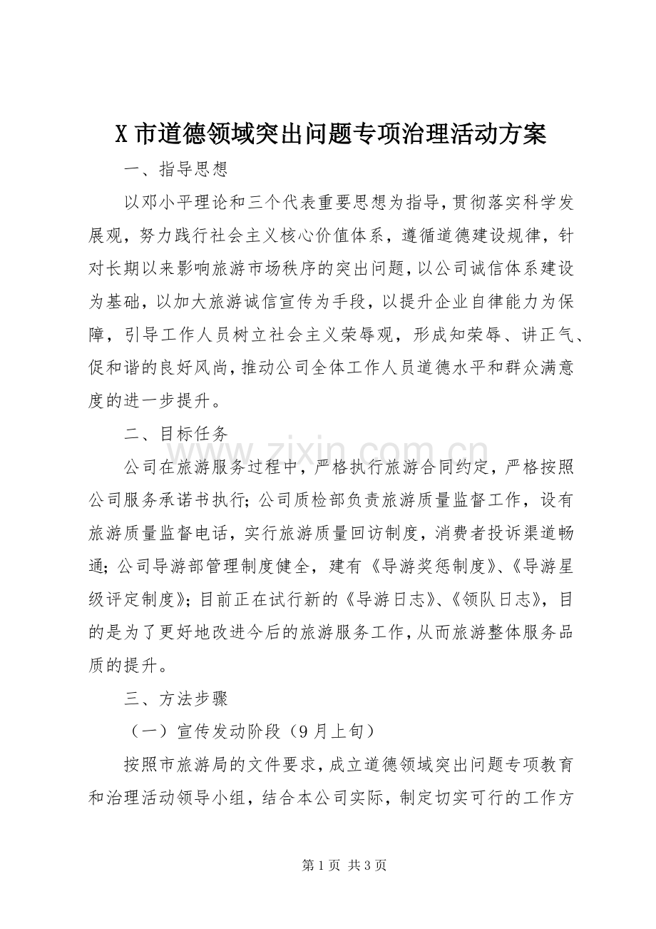 X市道德领域突出问题专项治理活动实施方案 .docx_第1页