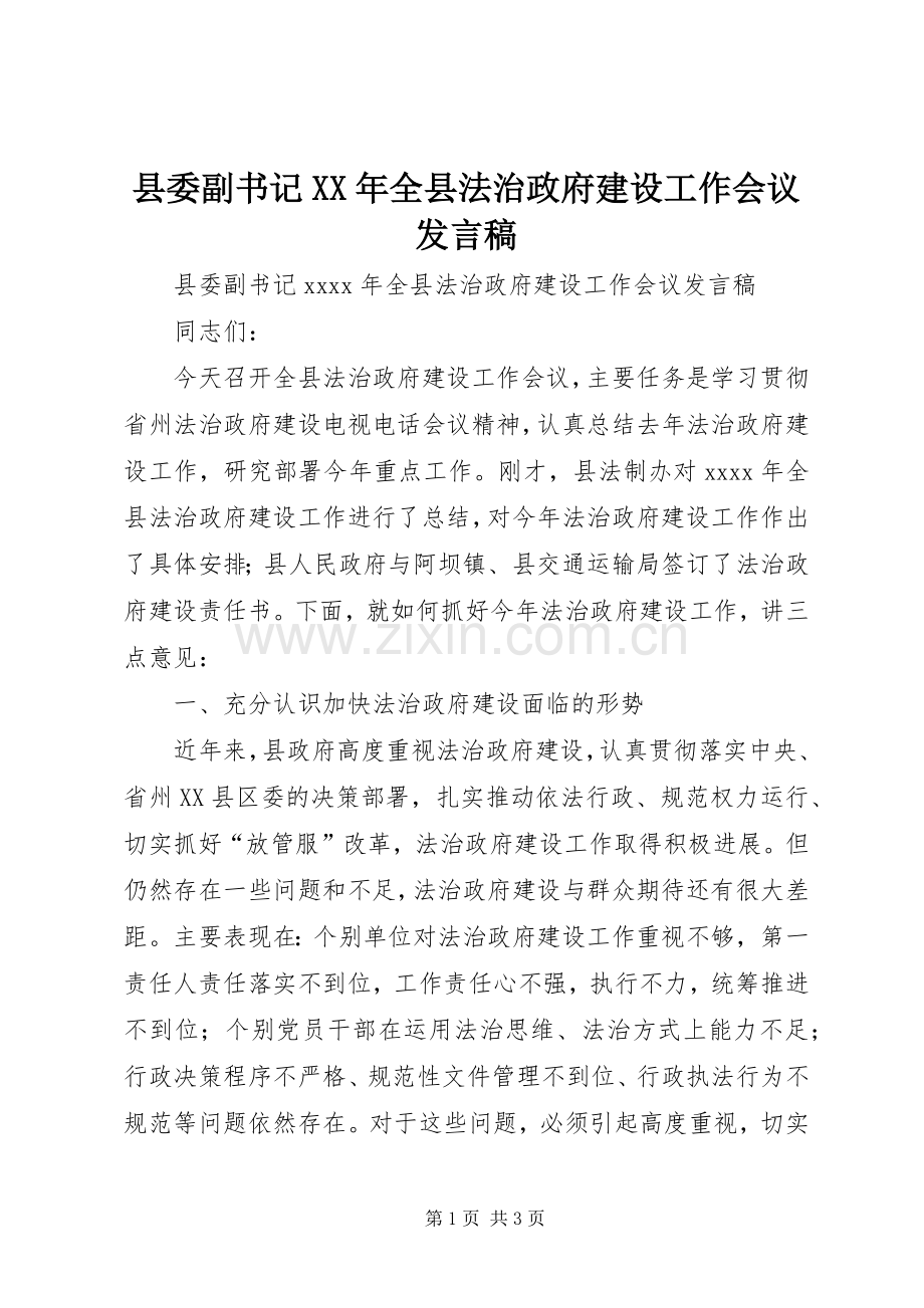 县委副书记XX年全县法治政府建设工作会议发言稿.docx_第1页