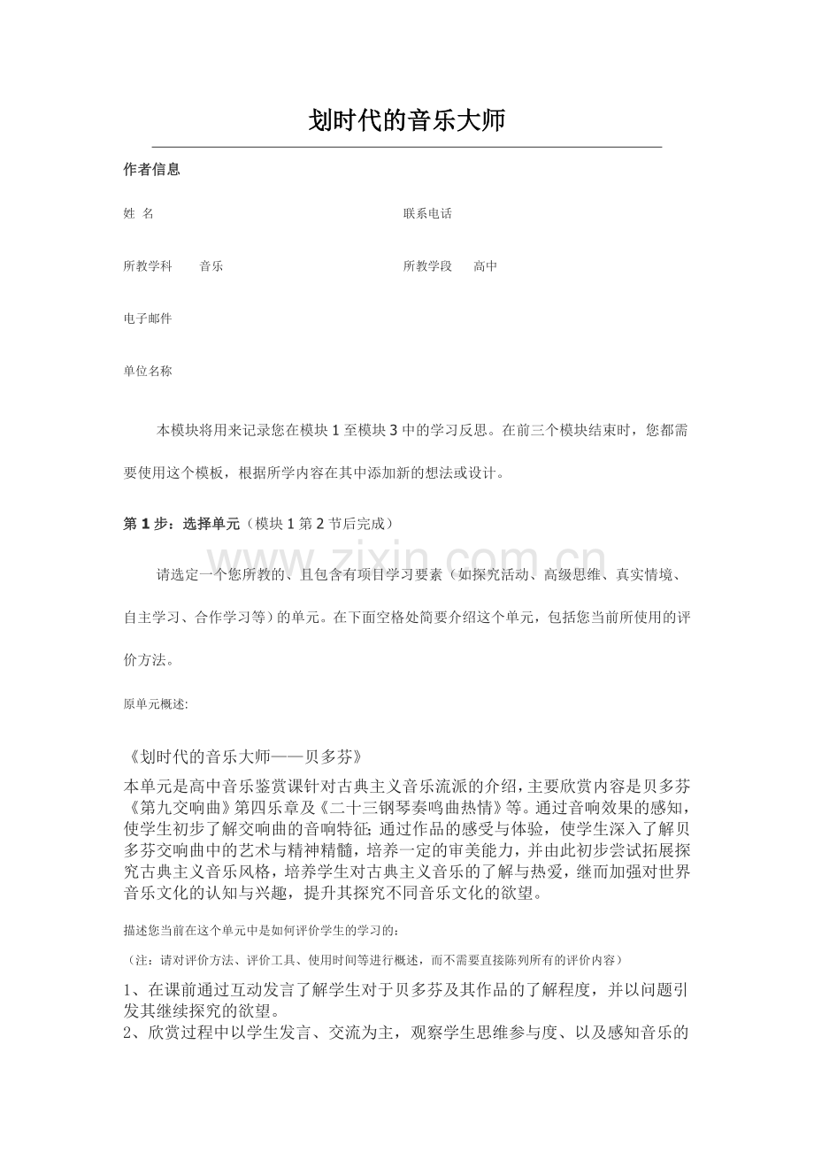 2013年远程培训intel未来教育项目音乐模块一作业划时代的音乐大师.doc_第1页
