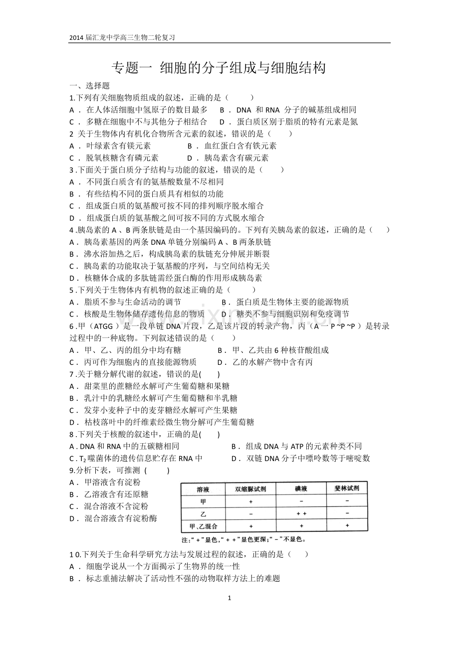 专题一细胞的分子组成与细胞结构.docx_第1页