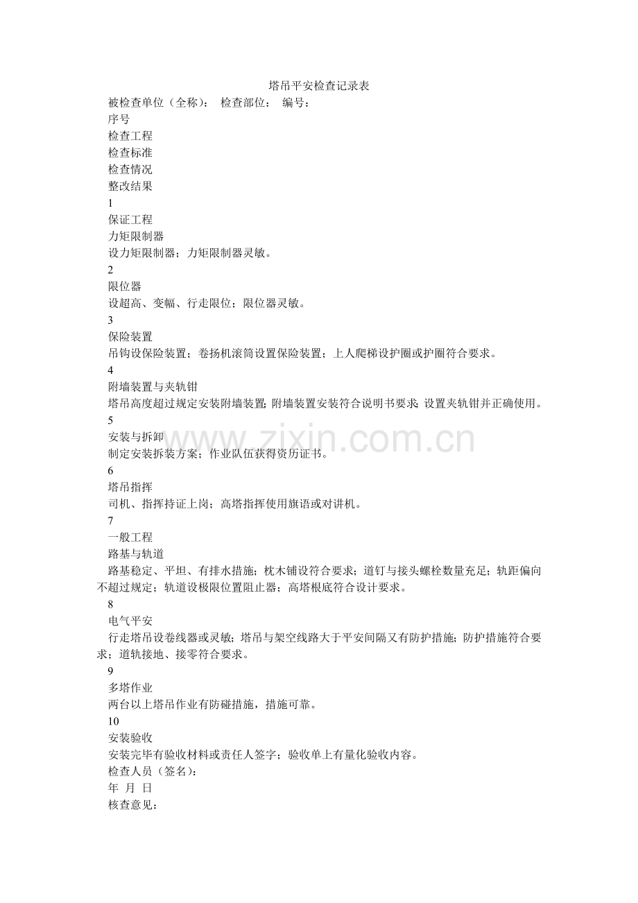 塔吊安ۥ全检查记录表.doc_第1页
