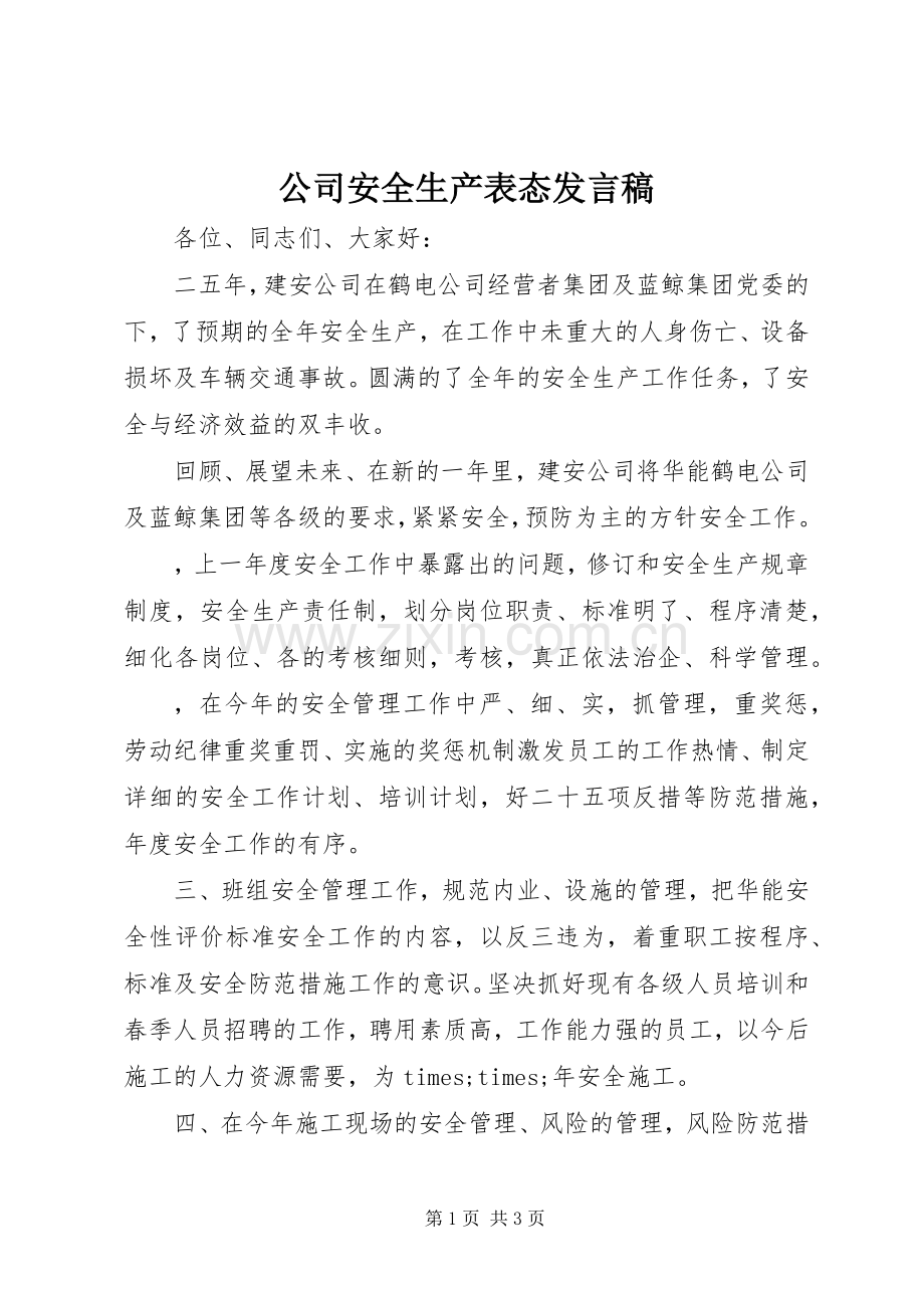 公司安全生产表态发言.docx_第1页