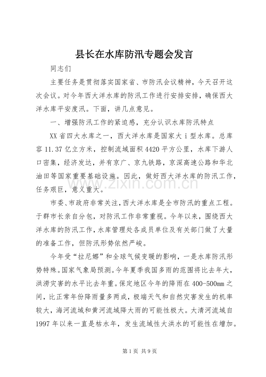 县长在水库防汛专题会发言稿.docx_第1页