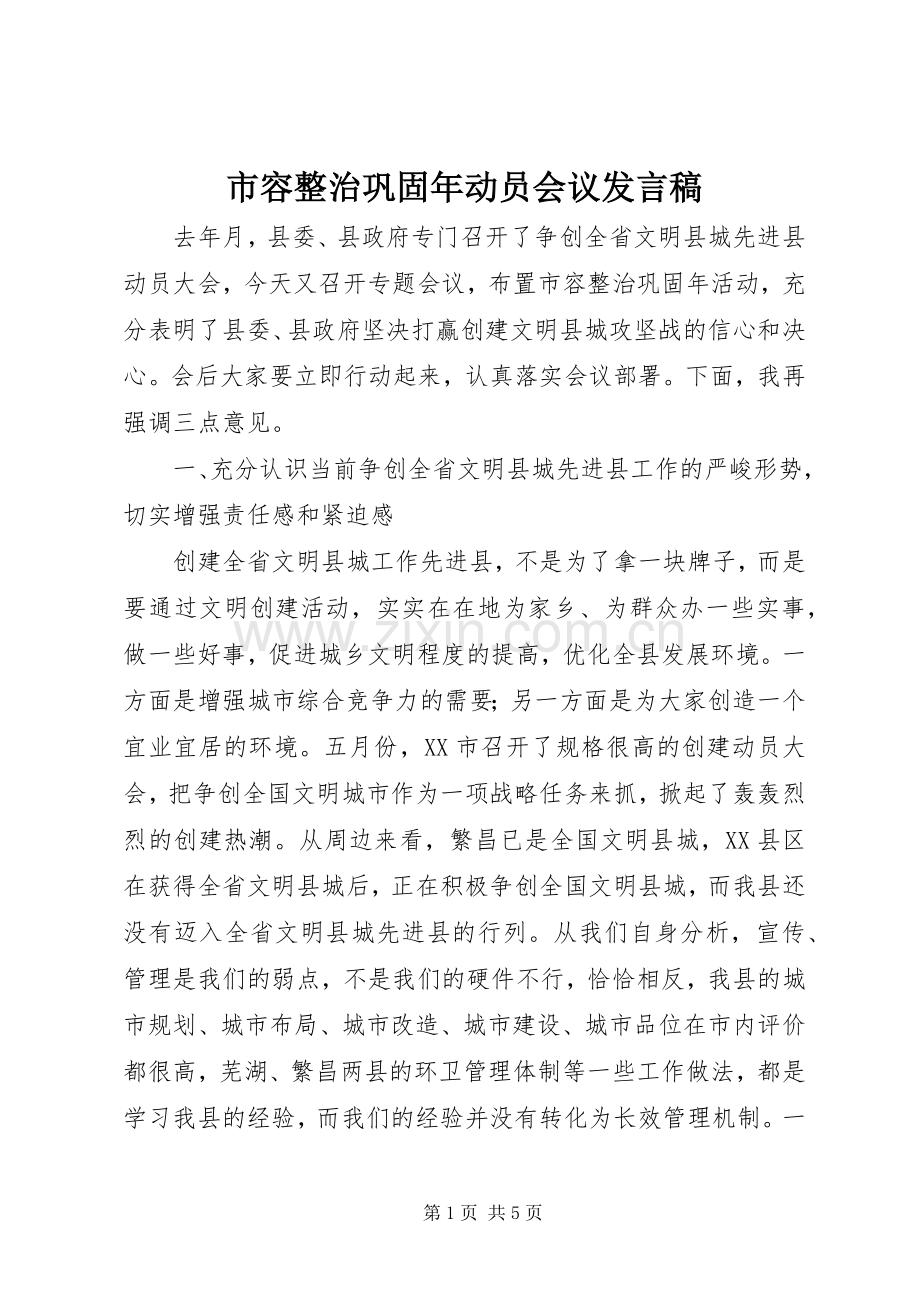市容整治巩固年动员会议发言.docx_第1页