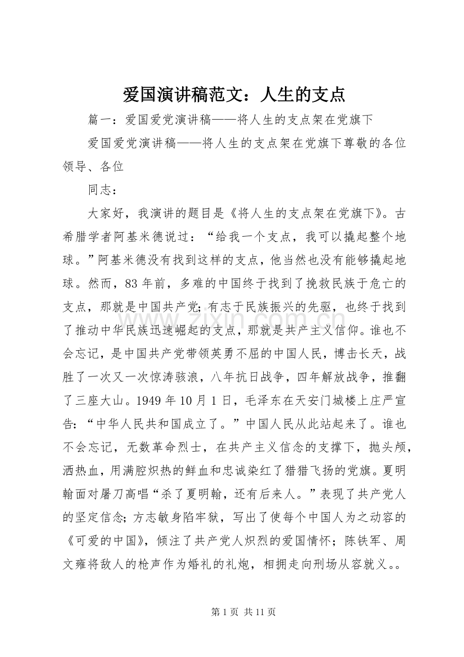 爱国演讲稿范文：人生的支点.docx_第1页